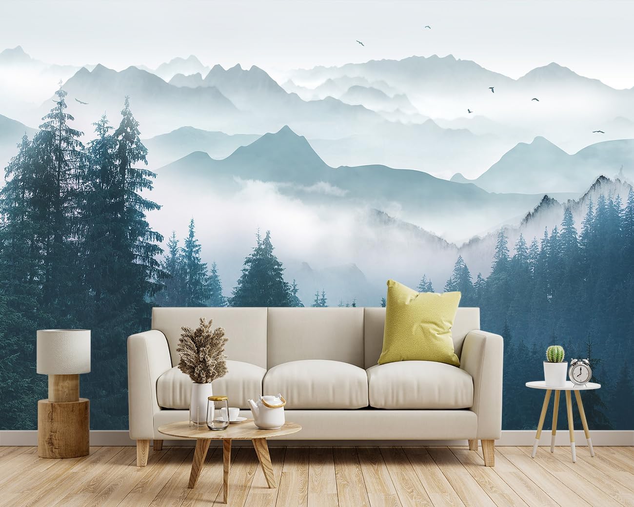 -Foggy Forest Pine Scenery Fabric Wallpaper Living Room Bedroom Bathroom Mountain Wall Mural- 91"x65"（ not Peel and Stick）