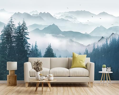 Miniatura 2 de Mural de pared de bosque nebuloso con escena de pino, papel tapiz de tela para sala de estar, dormitorio, baño, mural de montaña - 91"x65" (no se