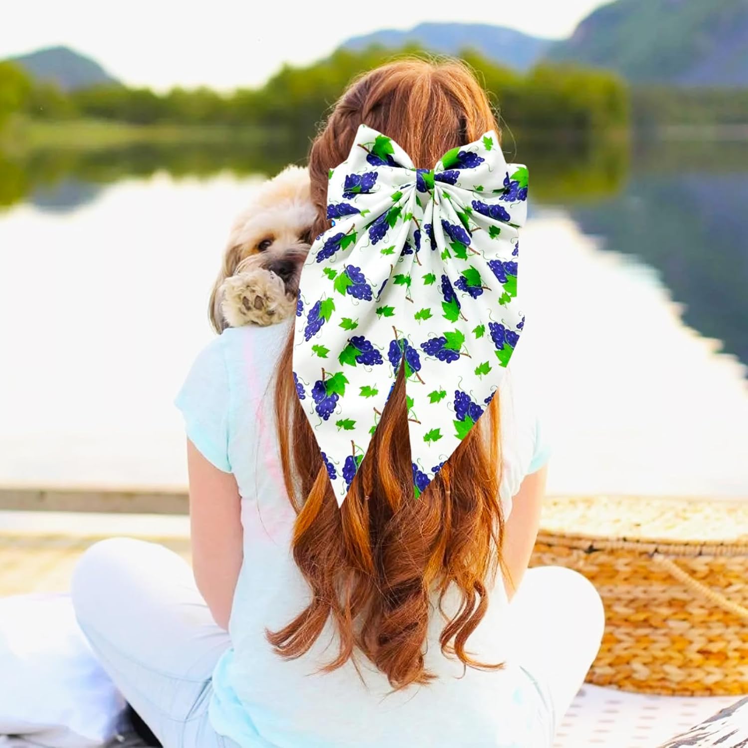 Hair Bows Big Bow Hair Clips with Long Tails Cherry Blueberry Grapes Pattern Hair Bows Clips, Cute Bow Hair Accessories for Women Girls Daily Holiday Gift 3 Pcs - Image 5