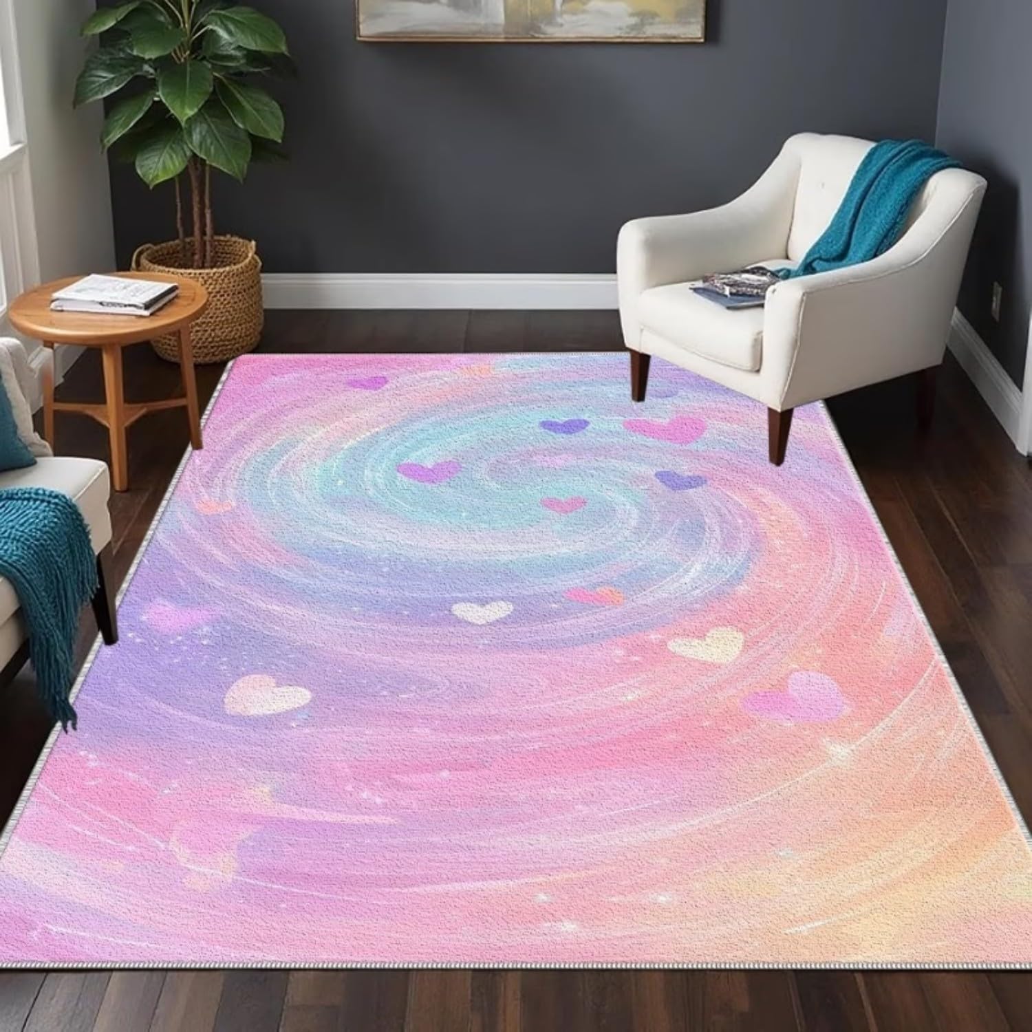 RICAUOU Colourful Pastel Cloud Rug, 180x300cm Cute Love Heart Aesthetic Pastel Galaxy Swirl Vortex Carpet, Soft Dreamy Rainbow Room Decor Area Rug for Teen Girls Bedroom, Birthday Gift Decor