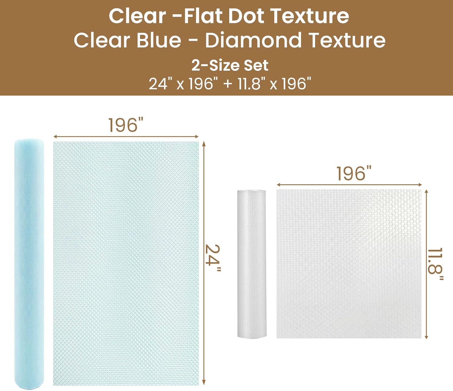 2 Rolls Shelf Liners for Cabinets (24"x196" 1 Pack Blue,12"x196" 1 Pack Clear), 100% EVA Waterproof Kitchen Drawer Liner, Shelf Liners for Kitchen Cabinets Non-Adhesive