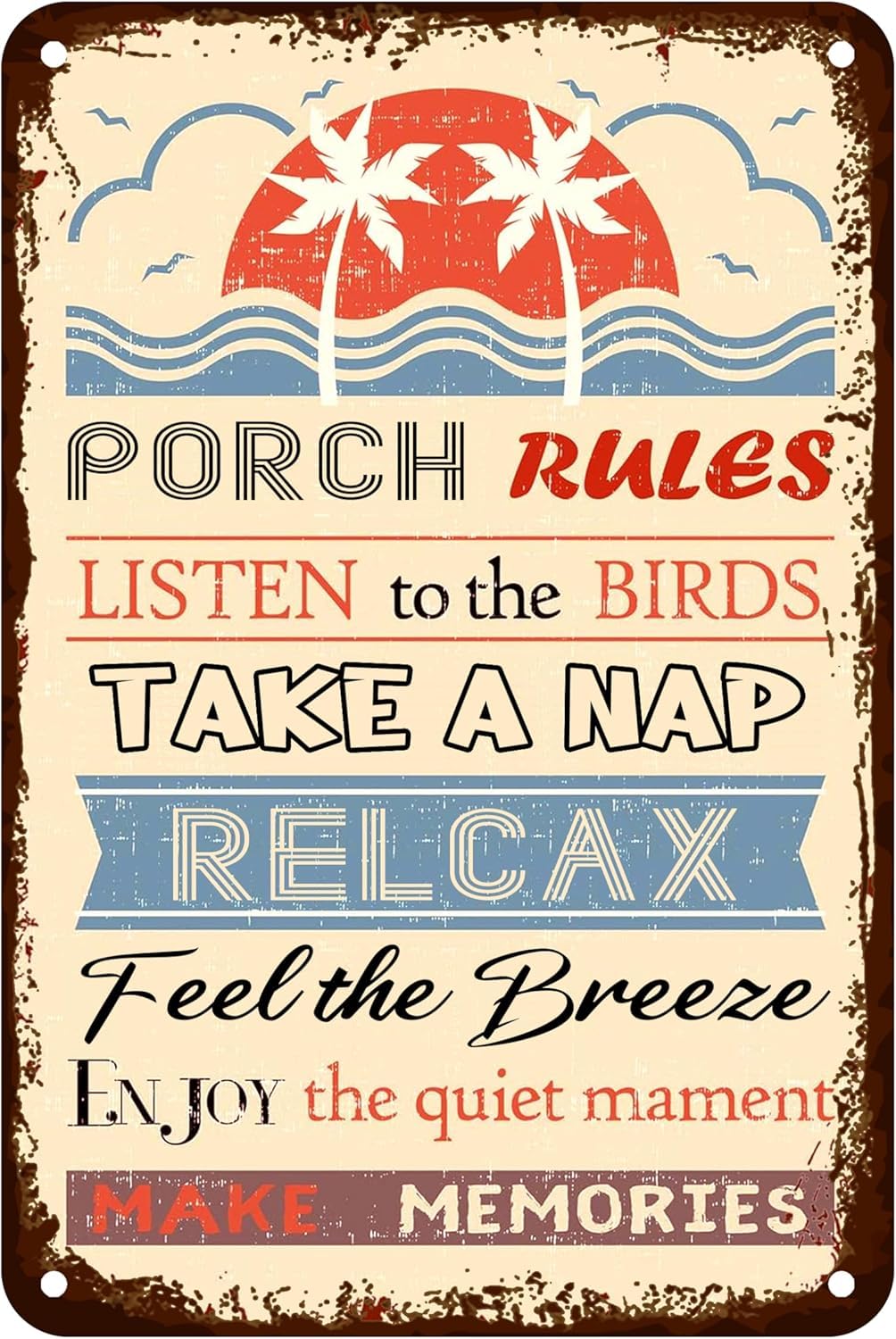 SMAZDFXX Porch Rules Sign Vintage Tin Metal Sign Porch Decor Sun Coconut Tree Wall Art Decor Kitchen For Home Cafes Bar Club Accessories Poster 12"x16"