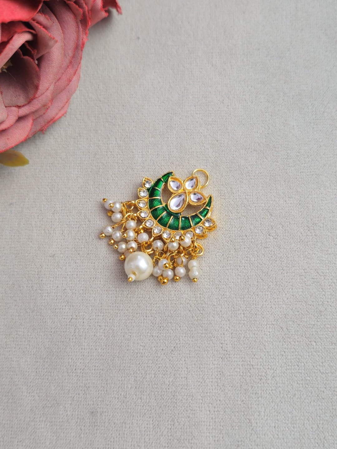 Traditional Kundan Pearl Drop Clip, Enamel and Gold-Toned, Crescent Design with Pearl Danglers, Wedding Kundan Clip Accessories for Women (Green)