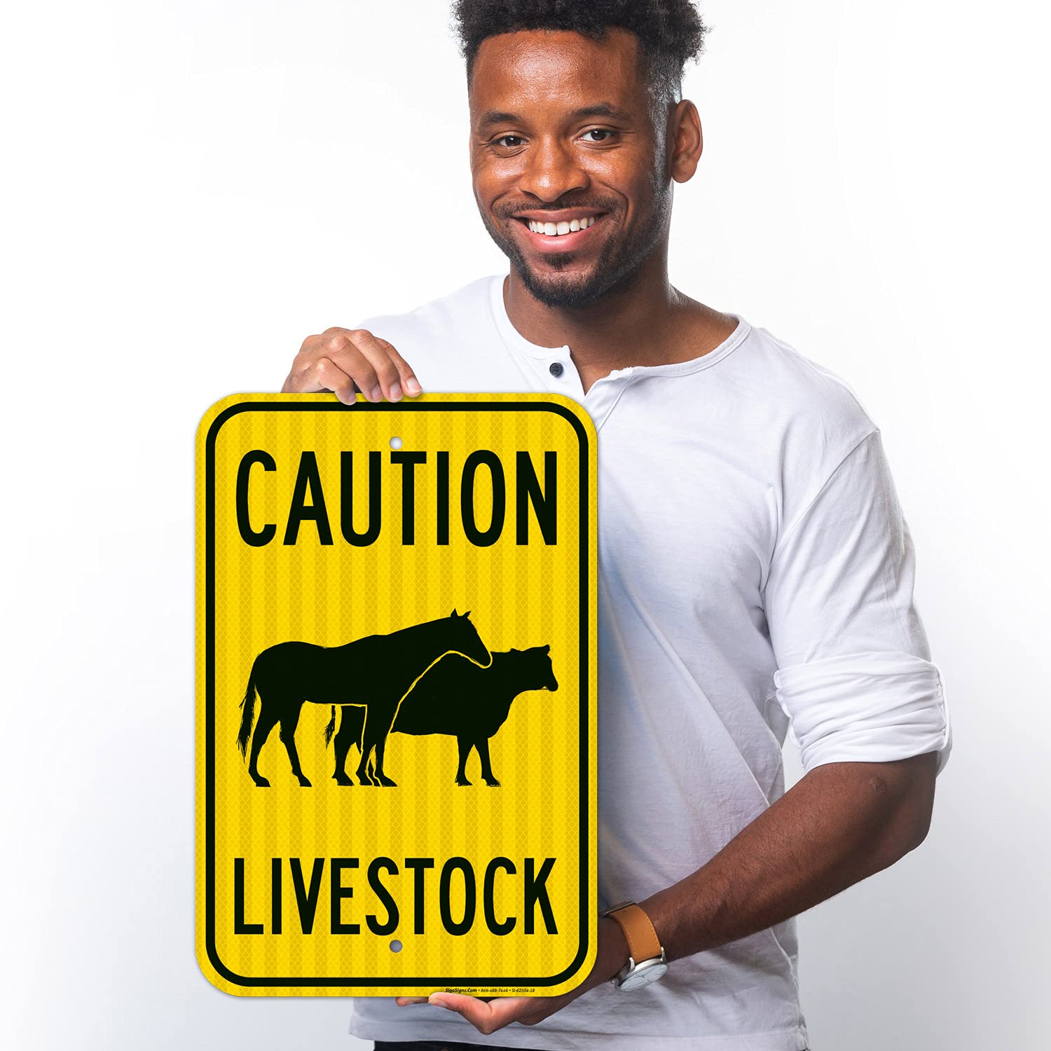Caution Livestock with Horse and Cow Symbol Sign, 12x18 Inches, 3M EGP Reflective .063 Aluminum, Fade Resistant, Made in USA