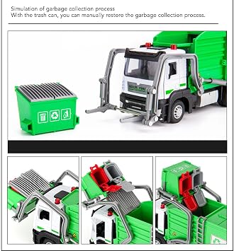 1:32 Garbage Truck Toy with Dumpster 4 Trash Bins Friction Powered Light Sounds, Waste Material Vehicle Model, for Kids Waste Management Play Experience