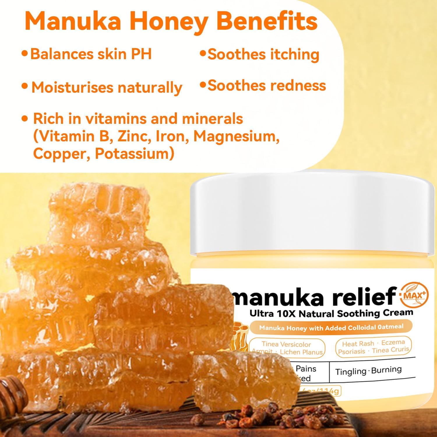 Manuka Honey Cream Max Strength Treat Natural Organic Ointment, Soothing Relief for Itching, Eczema, Psoriasis,Dry, Heat Rash, Leg, Stomach, Armpit, Foot, Hand