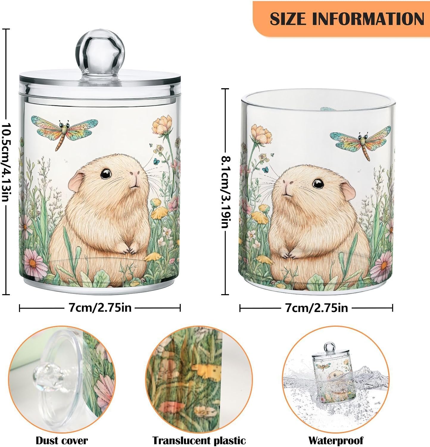MNSRUU 4 Pack Qtip Holder Organizer Dispenser Guinea Pig Dragonfly Flower Pink Bathroom Storage Canister Cotton Ball Holder Bathroom Containers for Cotton Swabs/Pads/Floss