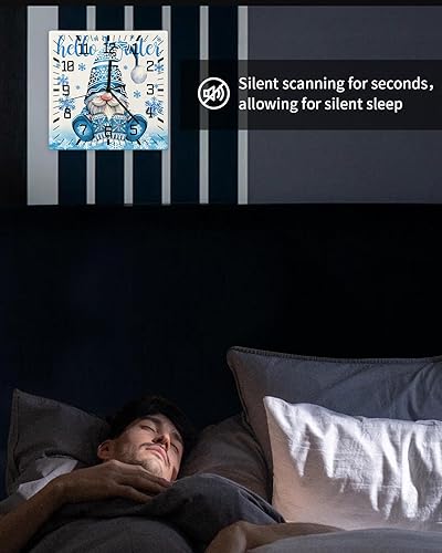 Miniatura 6 de Christmas Gnomes Wooden Wall Clock Silent Non Ticking, Blue Snowflake Winter Xmas Square Wall Clock Battery Operated, Decor Clock for Home Office,