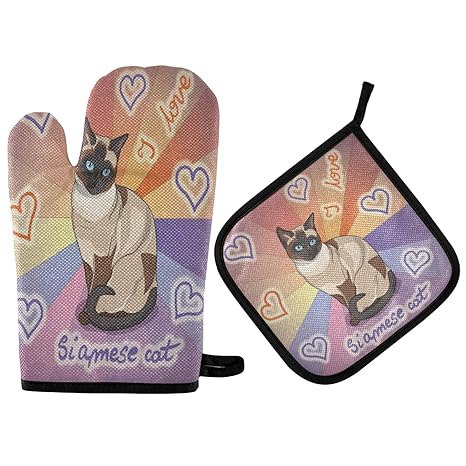 QUGRL Siamese Cat Oven Mitts and Pot Holders Sets Colorful Heart Heat Resistant Hot Pads Cooking Gloves Handling Kitchen Cookware Bakeware BBQ