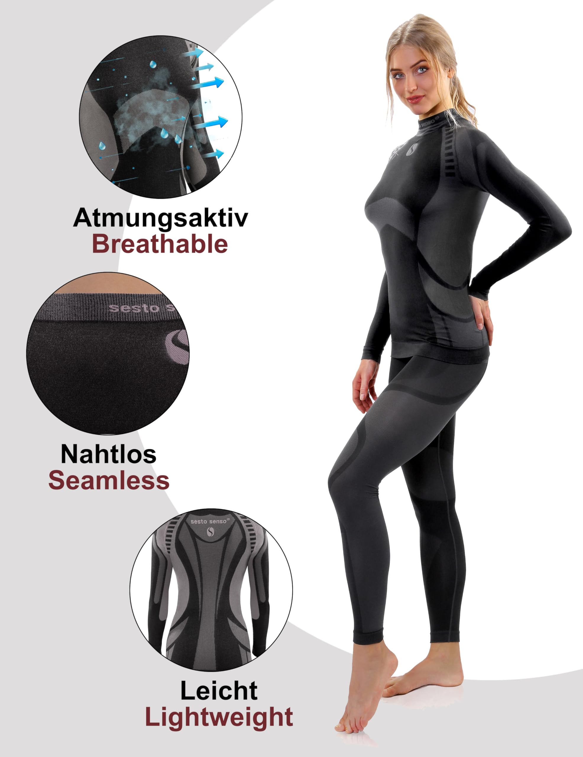 sesto senso Damska bielizna funkcyjna, zestaw z długim rękawem, długie majtki, bielizna sportowa, termoaktywna