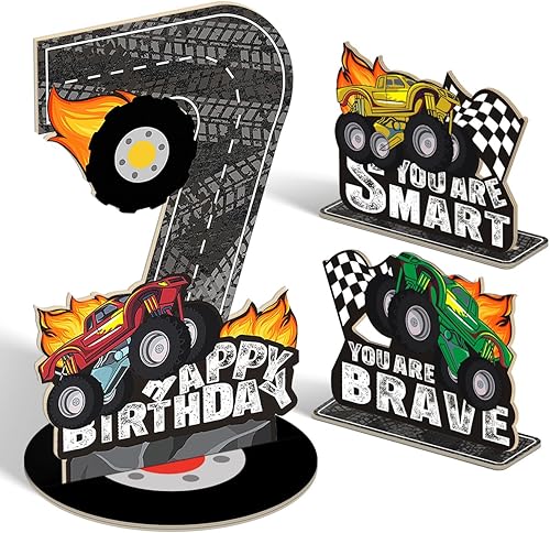 Miniatura 10 de 3 piezas de centro de mesa de madera escalonada de madera para auto de carreras de 2º cumpleaños, decoración del hogar (doble cara)