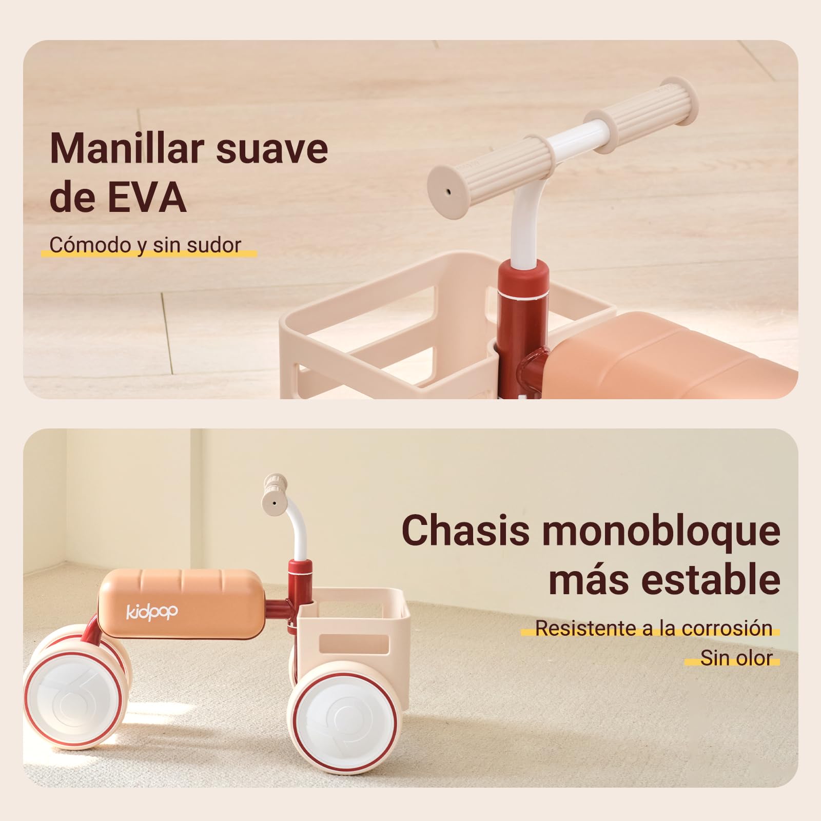Kidpop Toast Bicicleta sin Pedales, Bicicleta de Equilibrio, Juguete Bebés de 10 a 36 Meses, 4 Ruedas de EVA, Cesta extraíble Apta para Alimentos, Asiento Desmontable, Verde