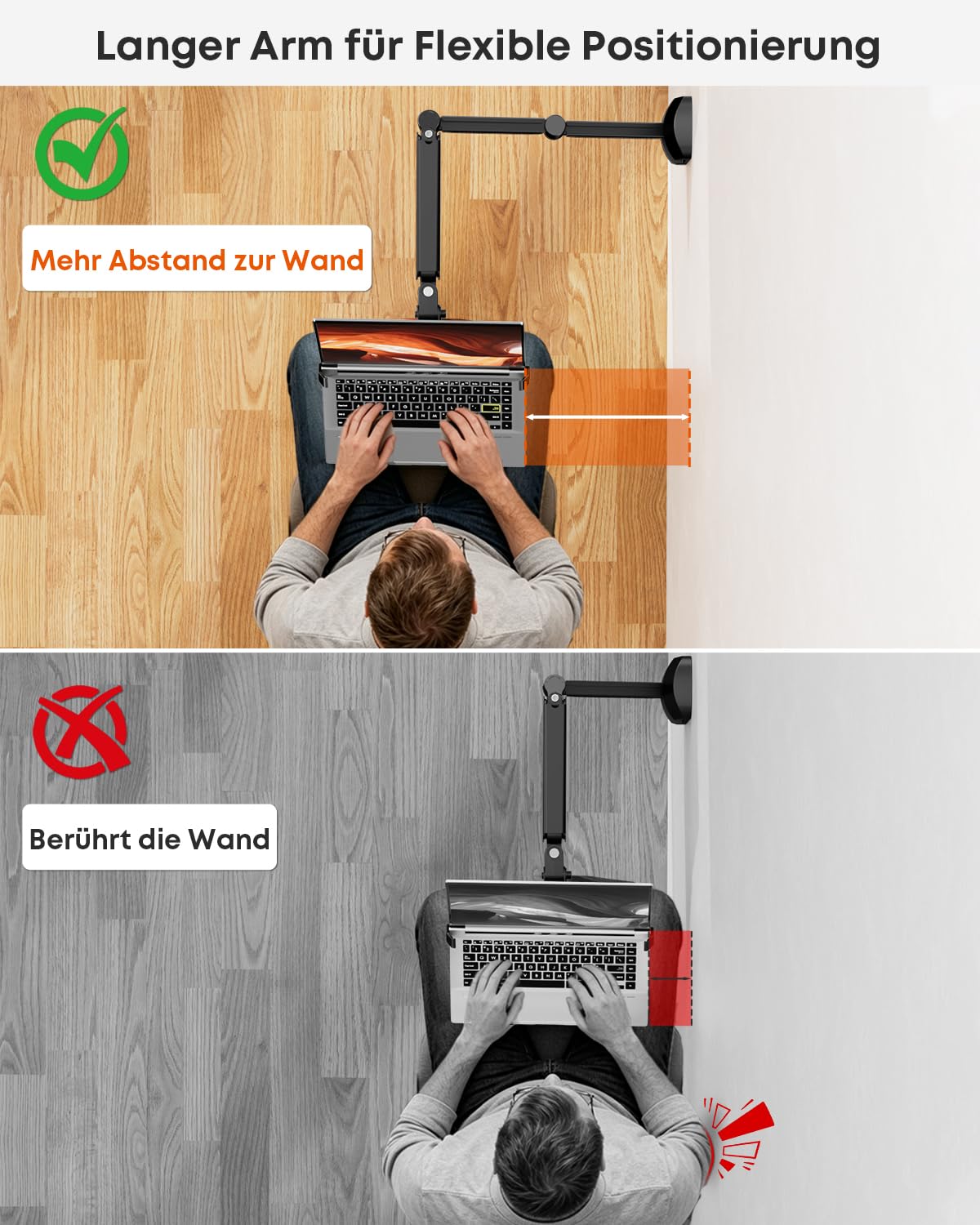 PUTORSEN Extra Lange 2-in-1 Laptop-Wandhalterung mit Abnehmbarer Ablage, 76,9 cm Gasfeder-Monitorarm, höhenverstellbar für 12–17 Zoll Laptops und 13–32 Zoll Monitore, belastbar bis 9 kg, Schwarz