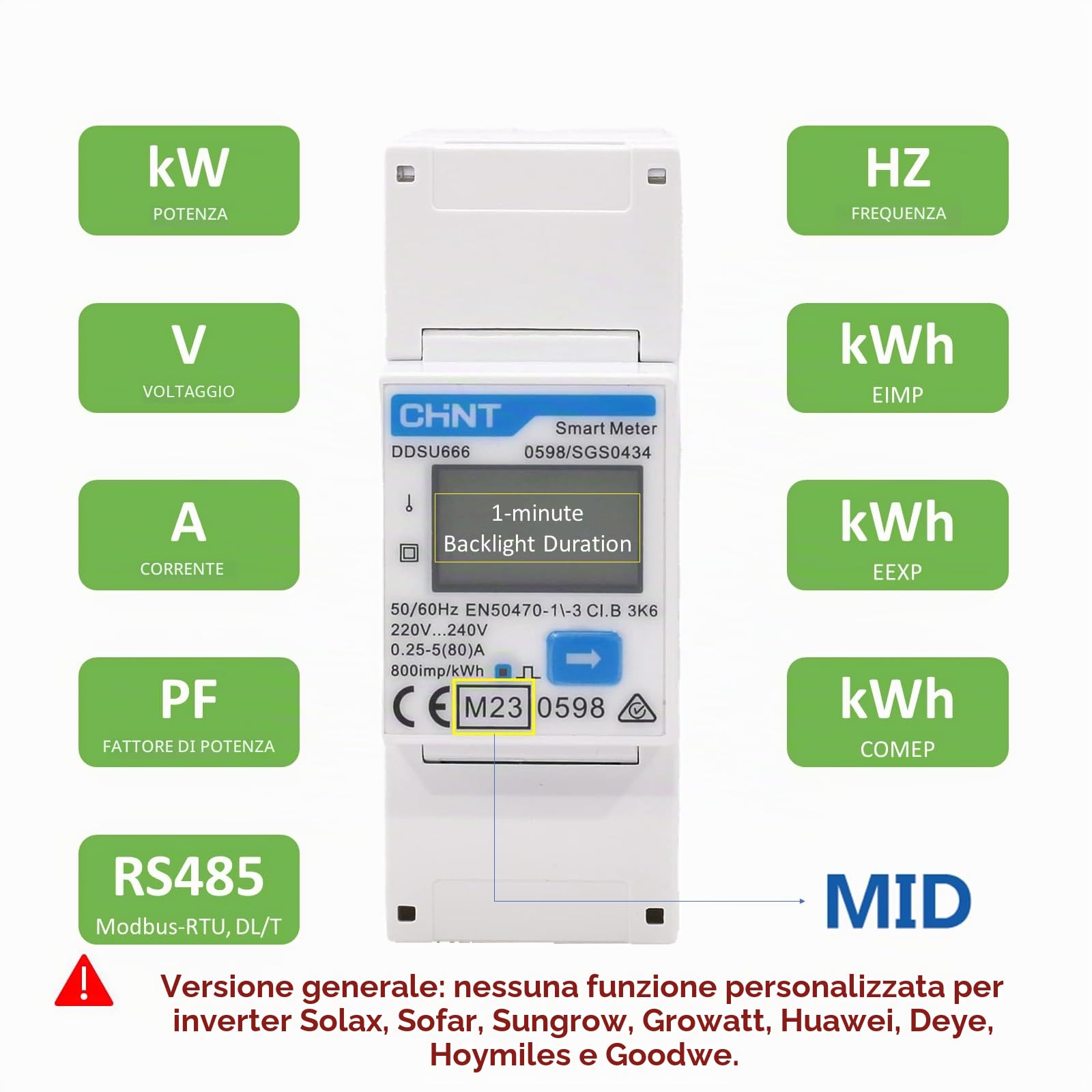 CHINT DDSU666 Contatore elettronico di energia intelligente monofase DIN35mm 5(80) A a connessione diretta con interfaccia RS485, conforme a Modbus RTU, certificato MID
