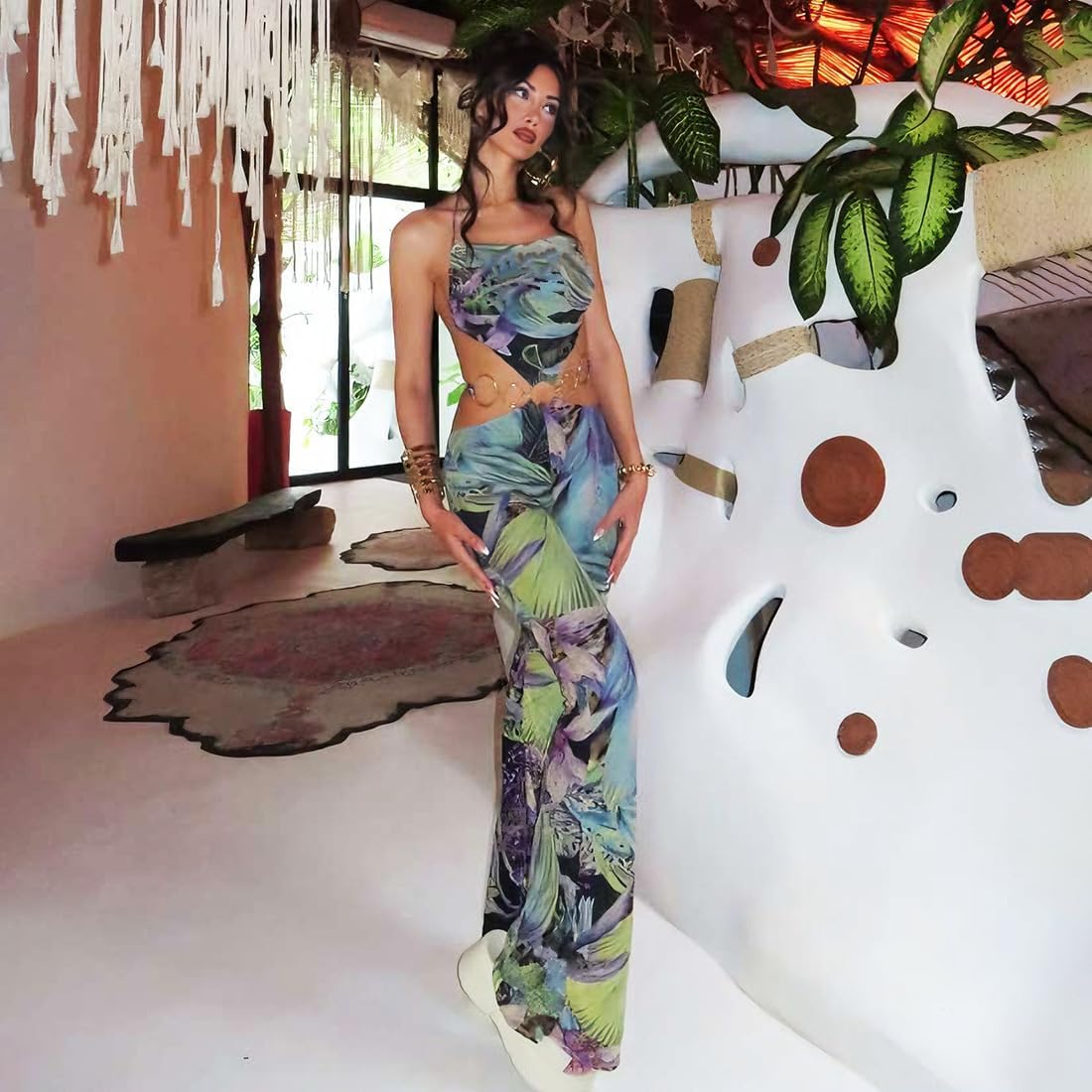 Womens Dressy Print Halter Jumpsuit Sexy Vacation Backless Jumpsuit Club Party Going Out Outfit Beach Set for Women - Image 2