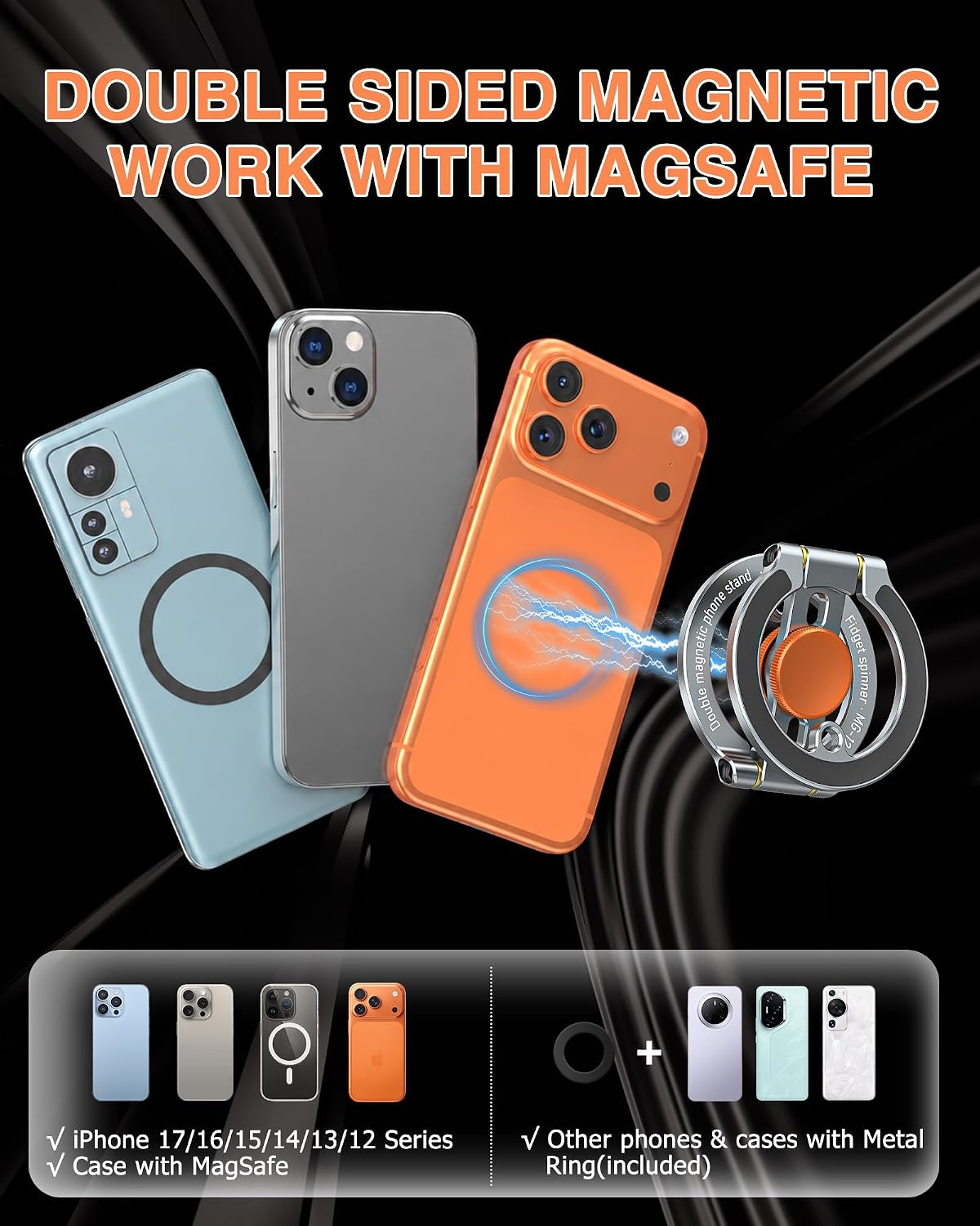 Ultra-Thin Dual Magnetic Aluminum Phone Stand & Fidget Spinner Combo w 1/4" Srew, 360° Phone Ring Grips Holder Compatible with MagSafe iPhone, Stress Relief Accessory for Home/Office/Travel/Gym/Golf