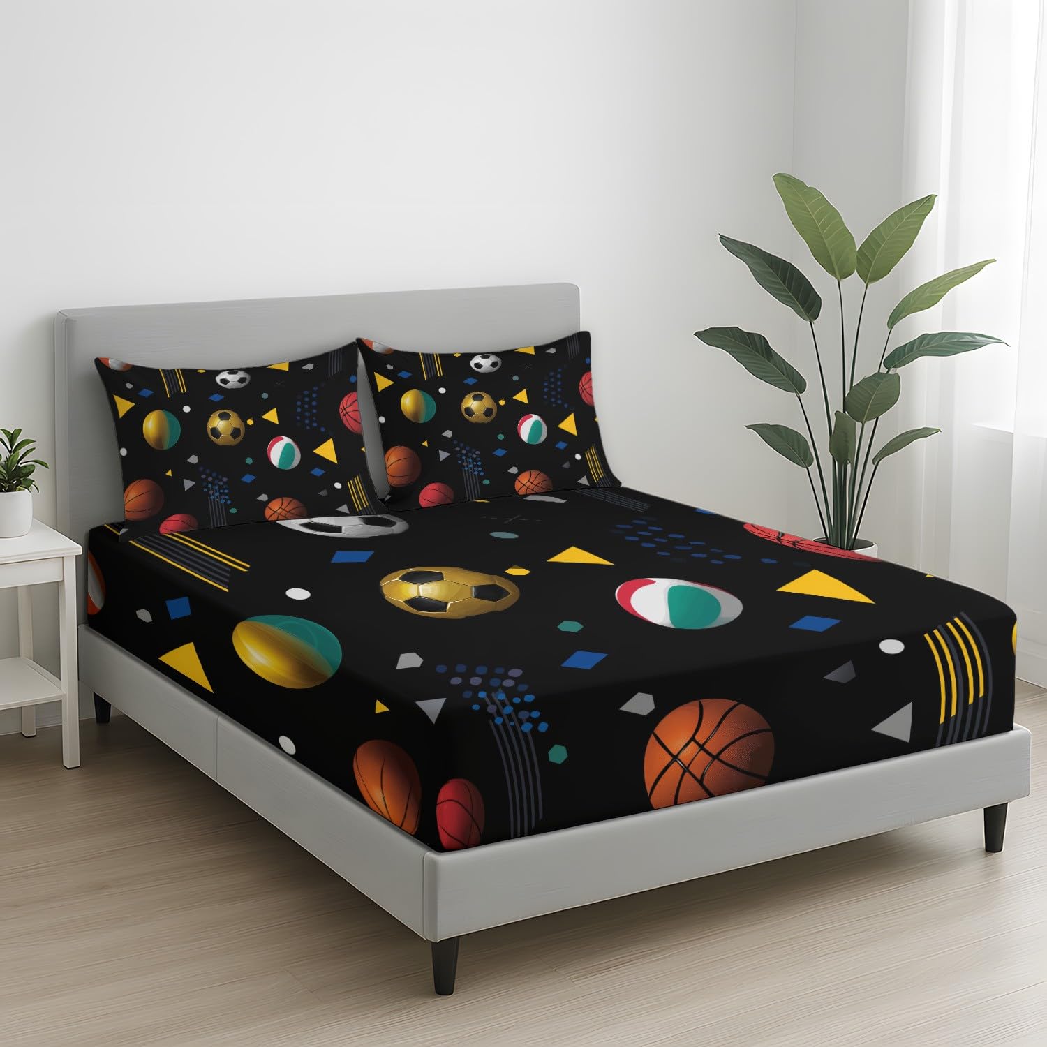 Sport Ballsport - Lenzuolo con angoli da 200 x 200 x 30 cm, 3 pezzi, 2 federe da 80 x 80 cm, lenzuolo con angoli per bambini, adolescenti e adulti, in microfibra