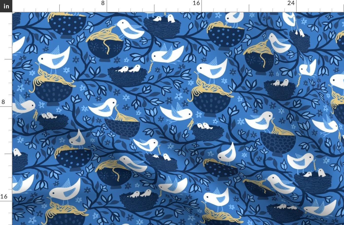 Spoonflower Fabric - Bird Noodles Blue Leaves Birds Spring Flying Printed on Organic Cotton Sateen Fabric by The Yard - Sewing Quilting Apparel Home Decor