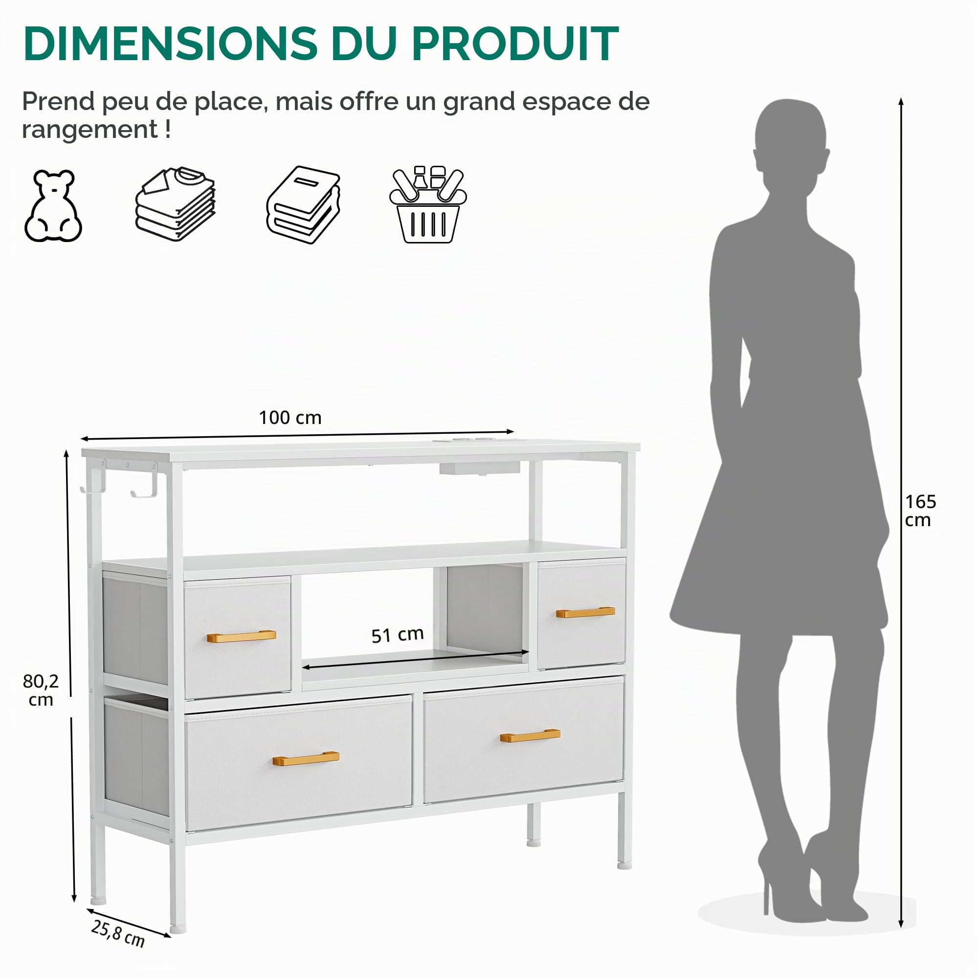 YITAHOME Commode en Tissu avec Prises et lumières LED, 4 tiroirs et 2 Crochets, Convient pour Les téléviseurs jusqu'à 32 Pouces, Commode en Tissu pour Chambre à Coucher, Salon, Bureau à Domicile