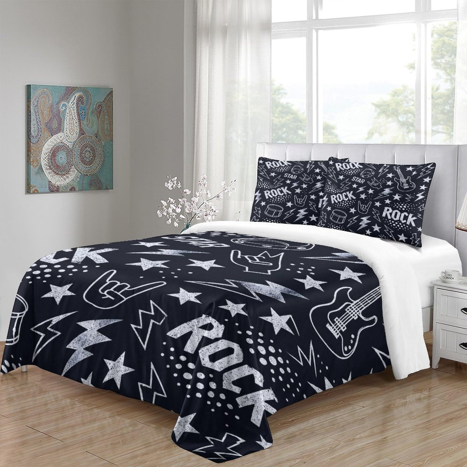 Progettazione di musica rock Impressione 3D 3 pz coperteletto Stile poster rock vintage cover piumone microfibra zip antiacari per bambini adolescenti adulti Super king（260x220cm）