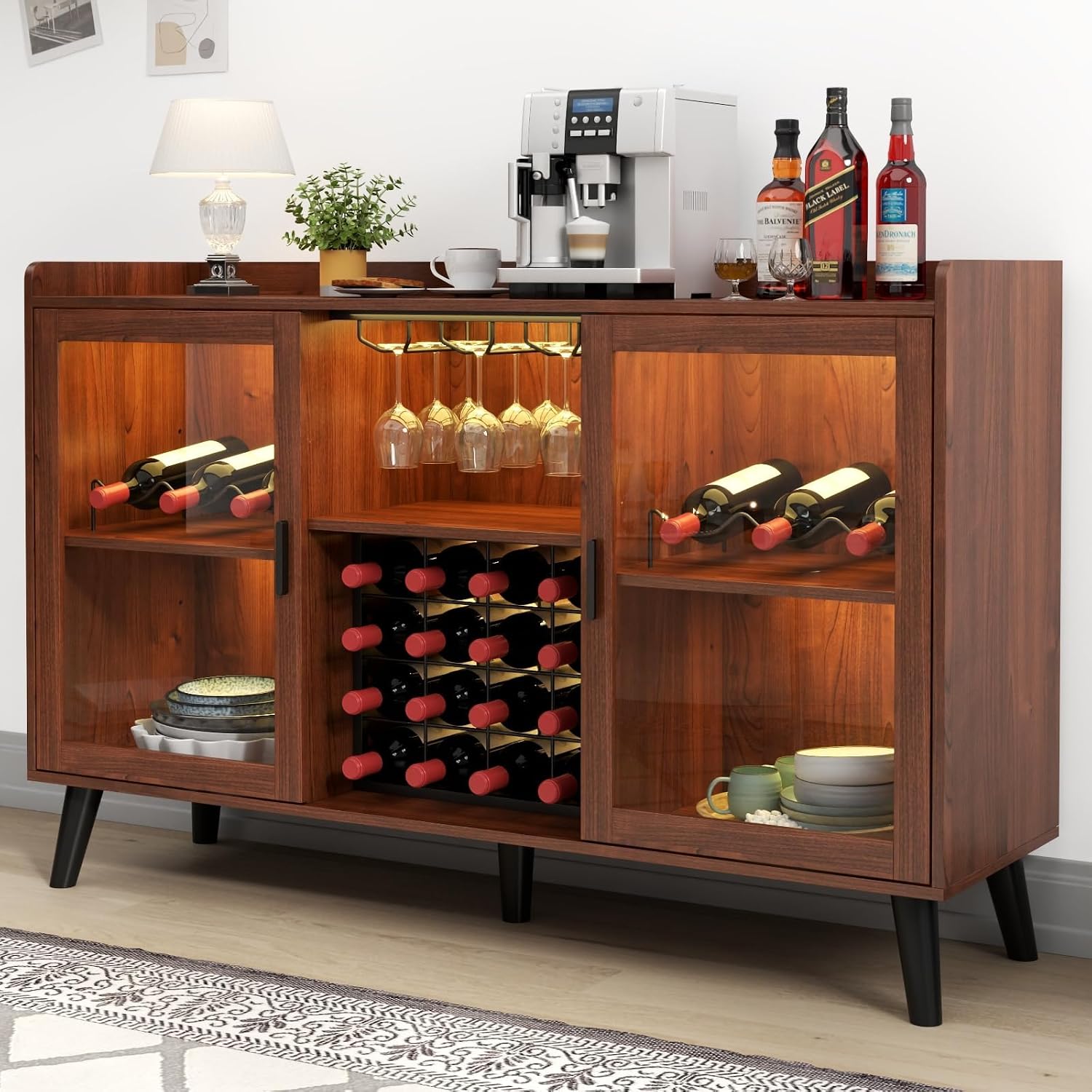 Modern Wine Bar Cabinet with LED Lights, Rustic Wood Coffee & Liquor Storage, Glass Holder, Wine Racks, Buffet Sideboard for Living Room, Kitchen & Home Bar-Black