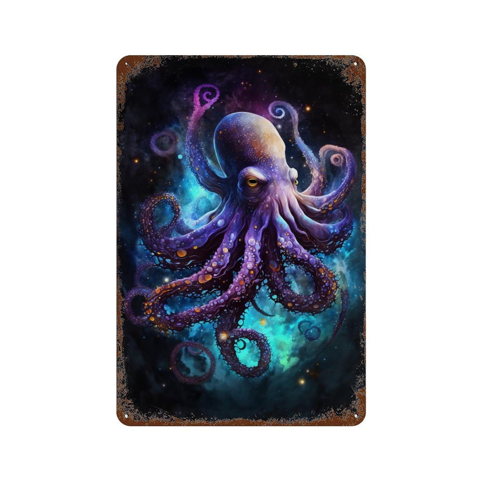 Rust Effect Cosmic Octopus Art Print-4 Decorative Tin Sign 11.8"x7.9", Classic Wall Plaque for Pub, Kitchen And Man Cave Decor