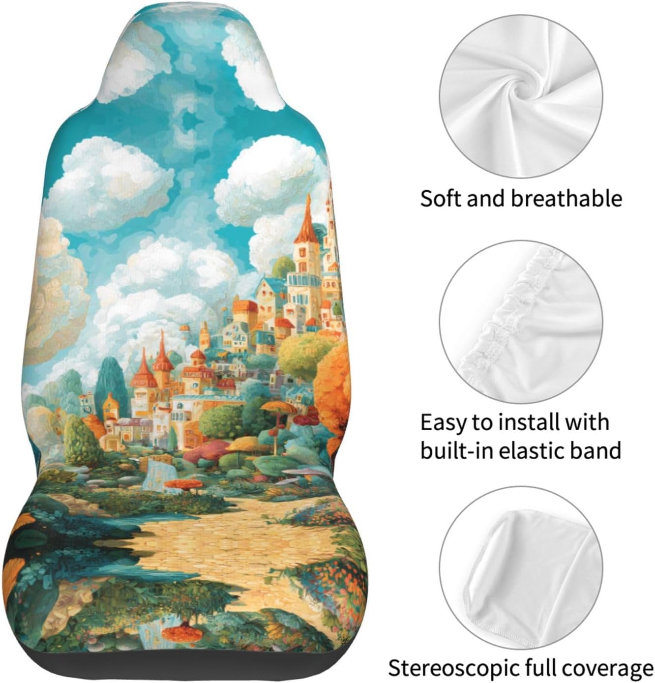 Universal Fairy Tale World Printed car seat Covers are Suitable for Most Seats in Trucks, Vans, and Other Similar Vehicles.