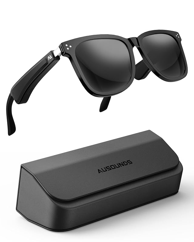 ausounds Audio Sunglasses Open Ear Wireless Headphones Polarized Lens Black with Storage Box