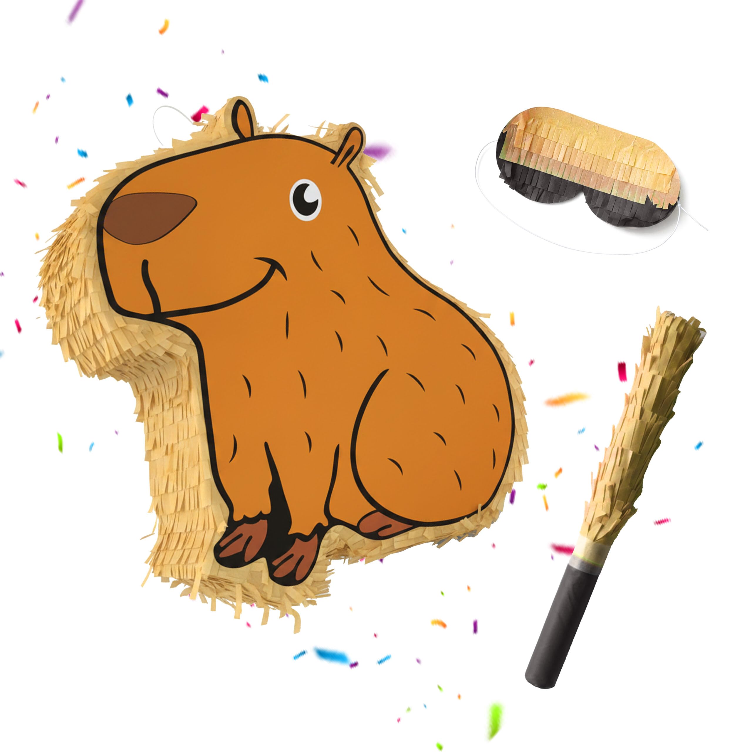 Relaxdays Piñata Capybara, Set 3 pcs, 35 x 38 x 6,5 cm, à Suspendre, bâton et Masque, Non garnie, Marron