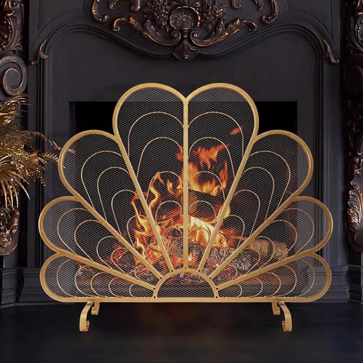 Parascintille per Camino a Pannello Singolo, 96,7 cm L x 81,3 cm H, Design Pavone, autoportante, Resistente al Calore, Finitura Oro.