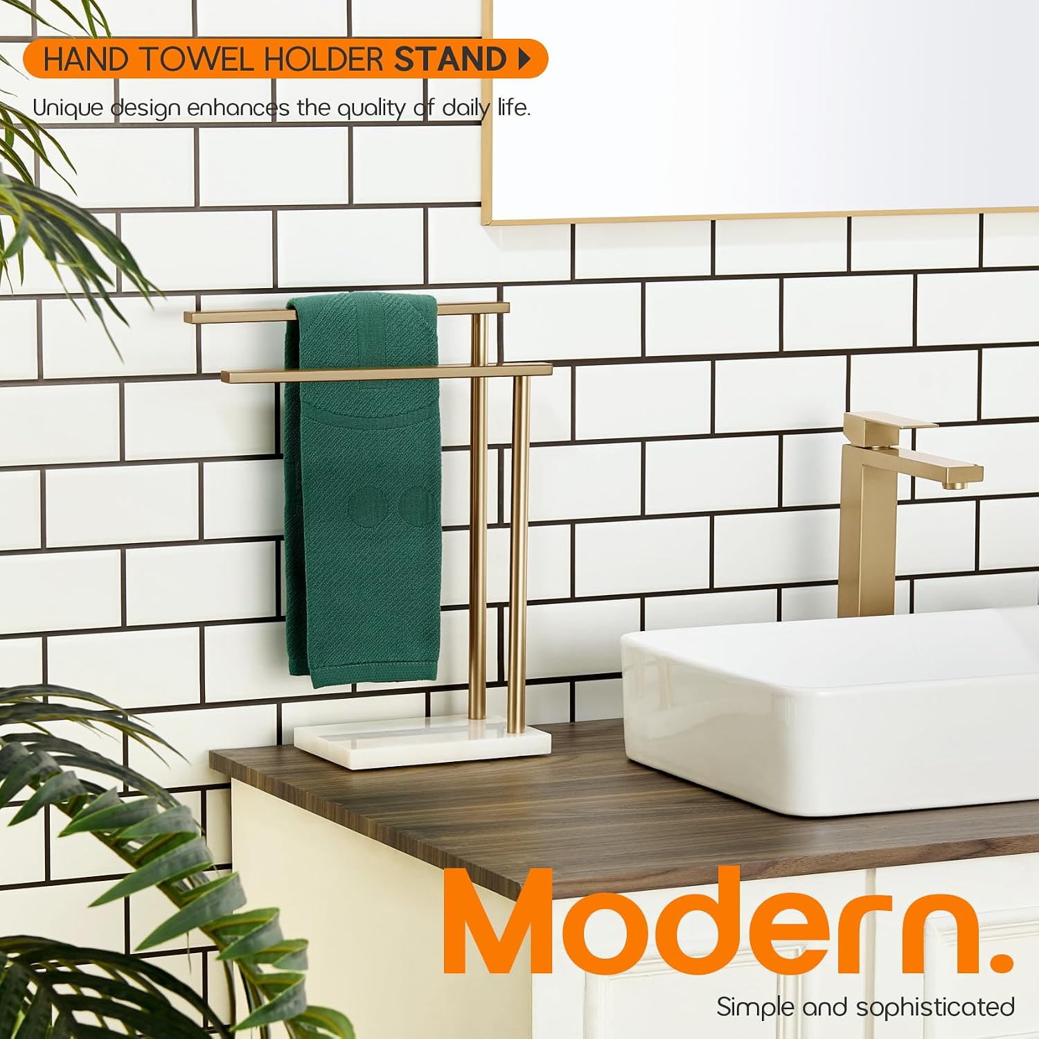 Hand Towel Bars for Bathroom Vanity Countertop 2-Tier Towel Rack Holders Stand with Heavy Marble Base Thicken Steady, Champagne Bronze Stainless Steel AN7003CPG
