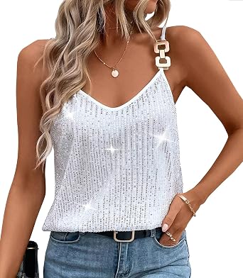 QPQ Womens Sequin V-Neck Sparkling Camisole - Sleeveless Glittering Tank Tops for All Occasions