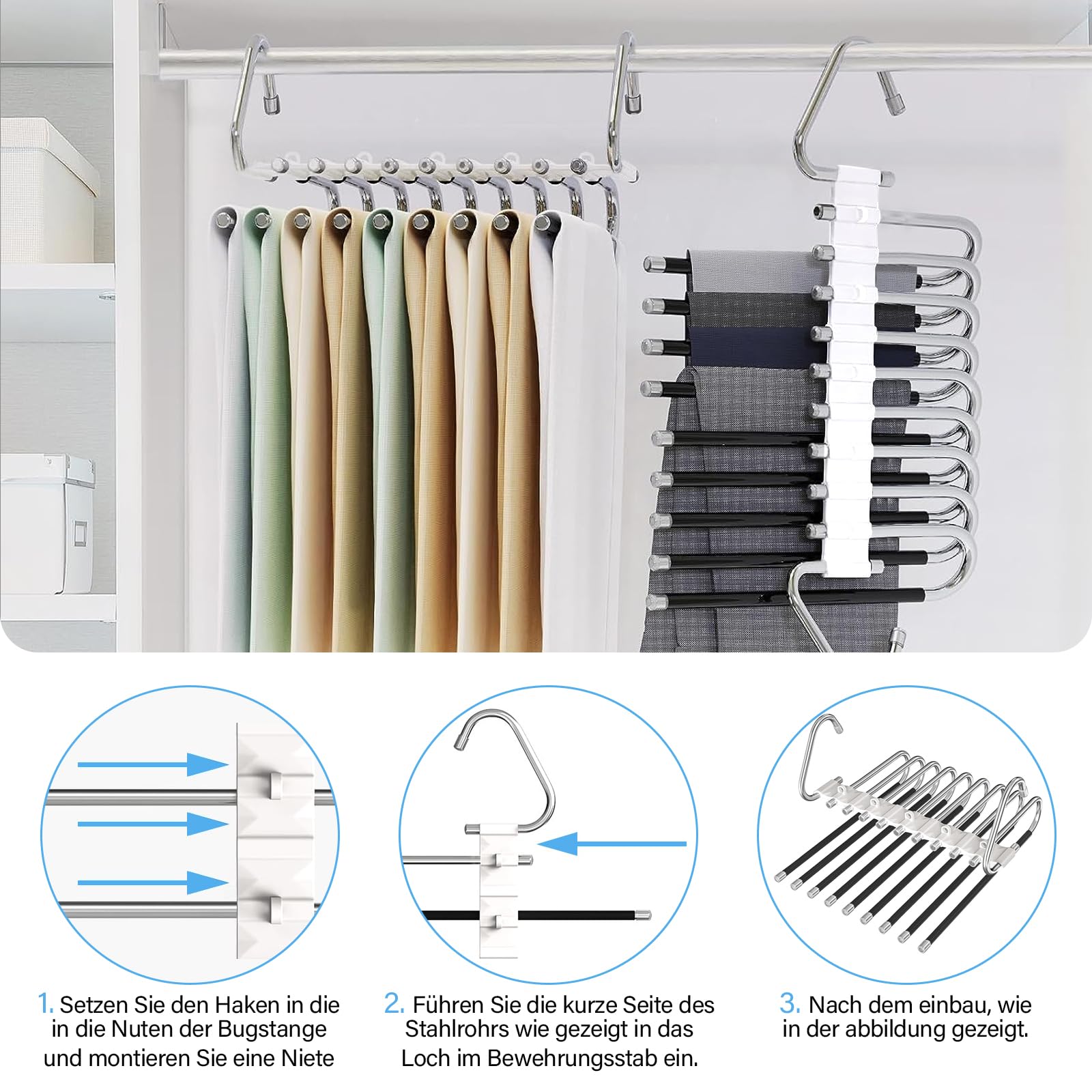 Cintres Gain De Place Acier Inox DAJAVE Lot De 3 Cintres Pantalon 5 En 1 - Gain De Place Énorme, Antidérapants Et Pliables Pour Jeans, Écharpes, Pantalons - Organisation Parfaite Du Placard