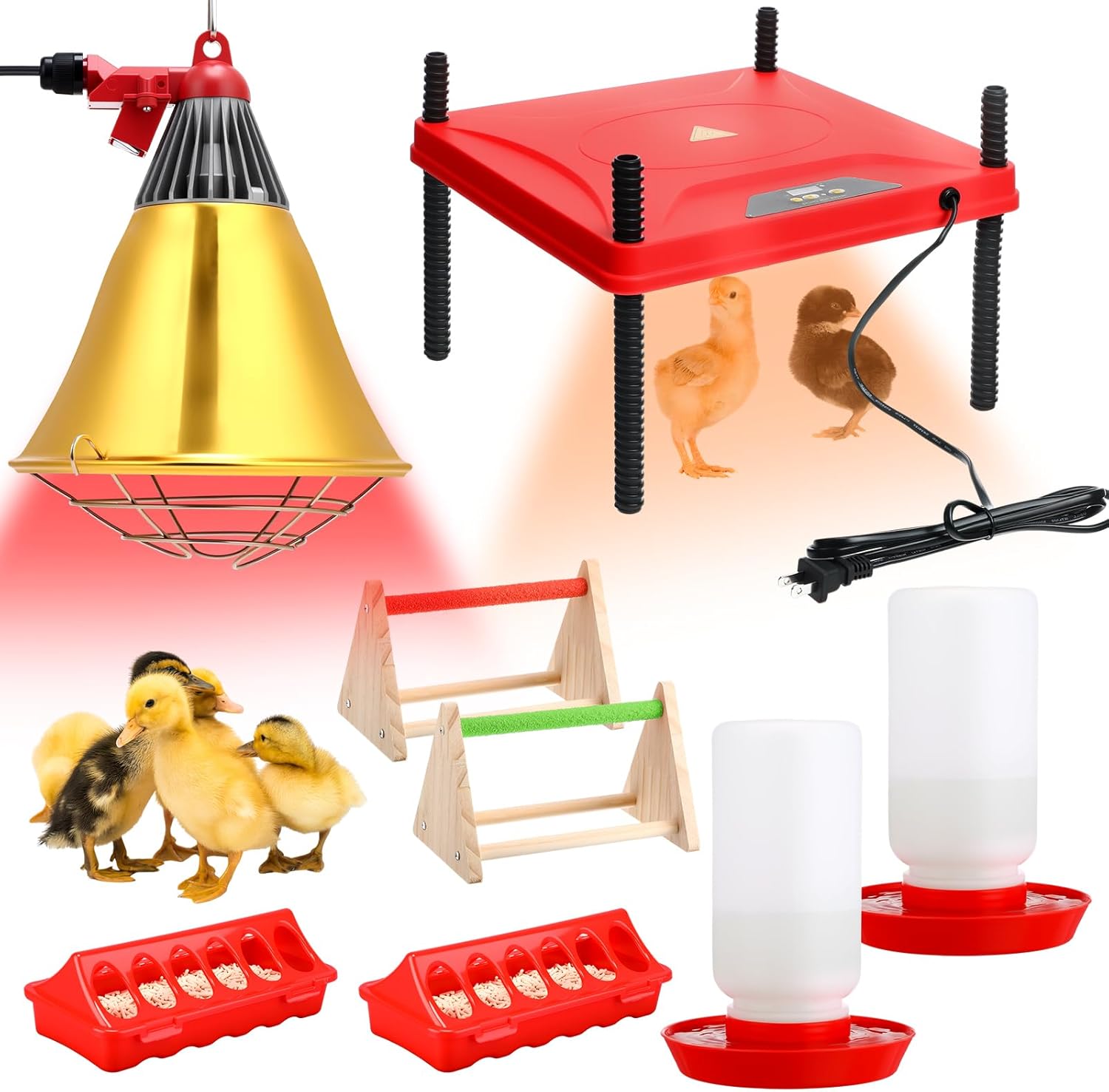 Retisee Chick Start Kit, All in One Brooder Kit Including 12" x 12" Adjustable Heat Plate 150w Chicken Infrared Red Heat Lamp Feeder and Waterer Perch Flip Top for Poultry Newborn Livestock Duck Warm