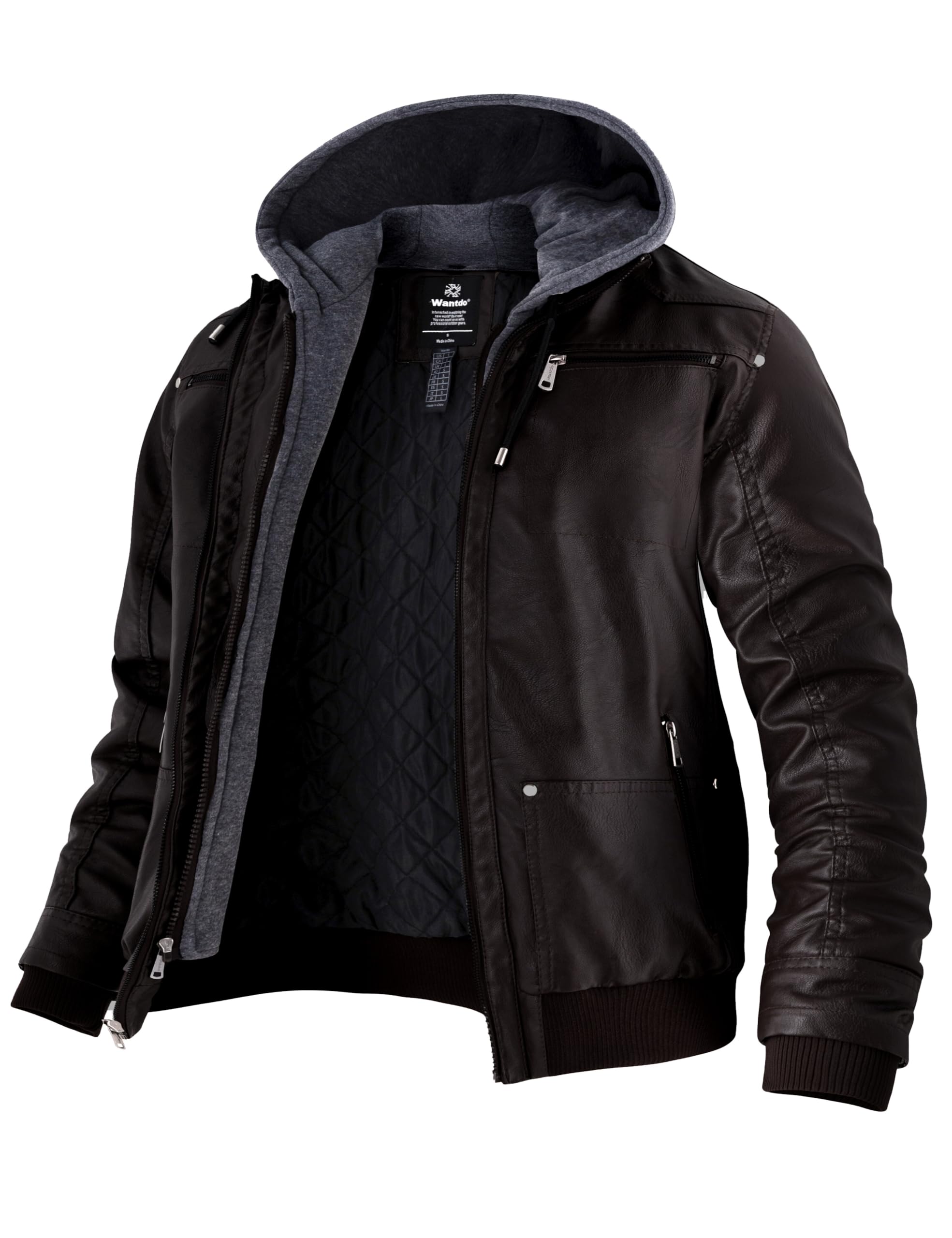 Wantdo Giacca in Pelle da Uomo Giubbotto con Cappuccio Rimovibile da Lavoro Mezza Stagione Primavera Antivento Antipioggia Giacca da Moto Casual