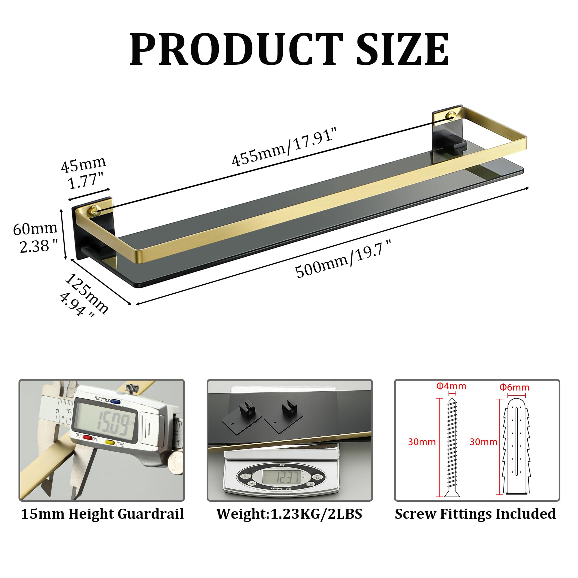 SAYAYO Bathroom Shelf Tempered Black Glass Shelf Wall Mounted 50CM Large Capacity with SUS304 Stainless Steel Gold Rail - Image 2