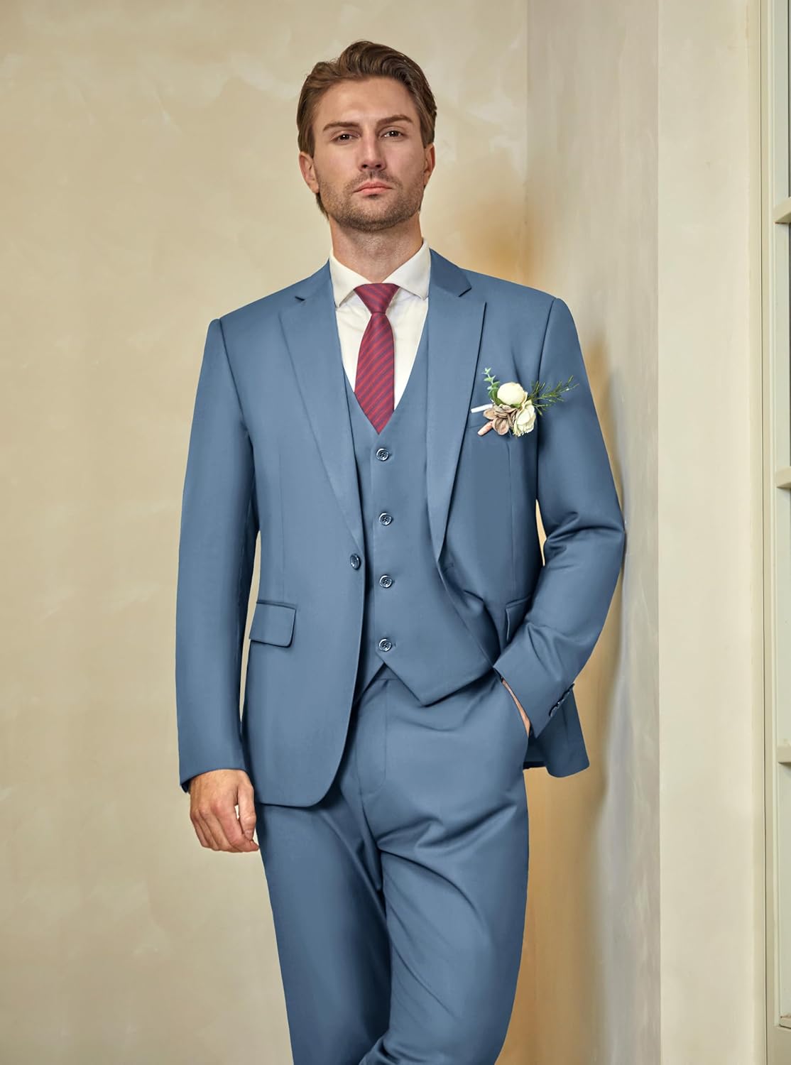 WULFUL Men’s Slim Fit Suit One Button 3-Piece Blazer Dress Business Wedding... - Picture 163 of 257