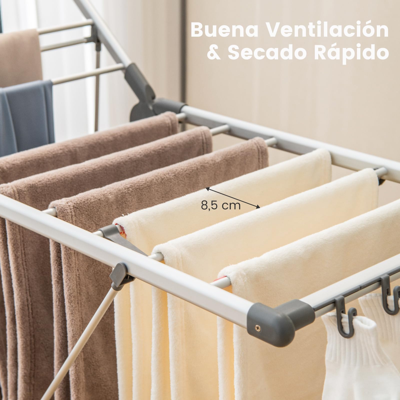 COSTWAY Tendedero Plegable de Aluminio de 5 Niveles, Tendedero de 2 Capas con Altura Ajustable, 21 Rieles De Secado, 10 Clips Laterales, 4 Soportes para Zapatos, Colgador Plegable para Ropa