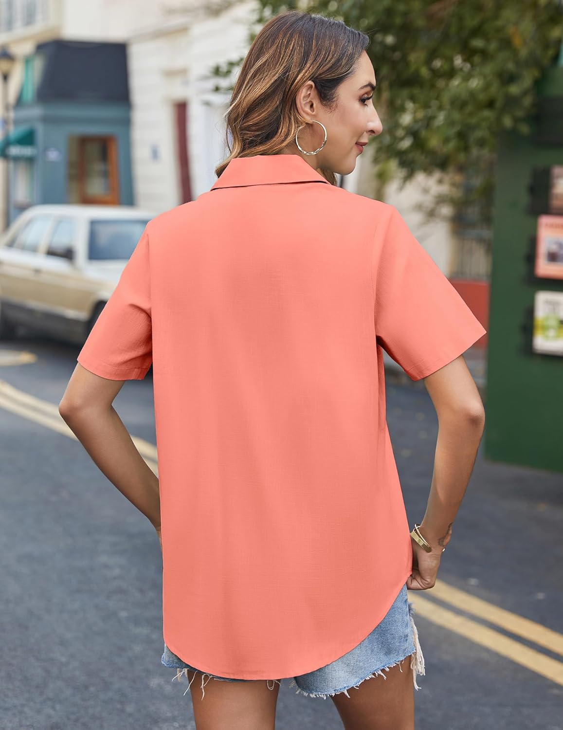 HOTOUCH Cotton Linen Button Down Shirt for Women V Neck Collared Blouse Casual Short Sleeve Tops with Pocket - Image 5