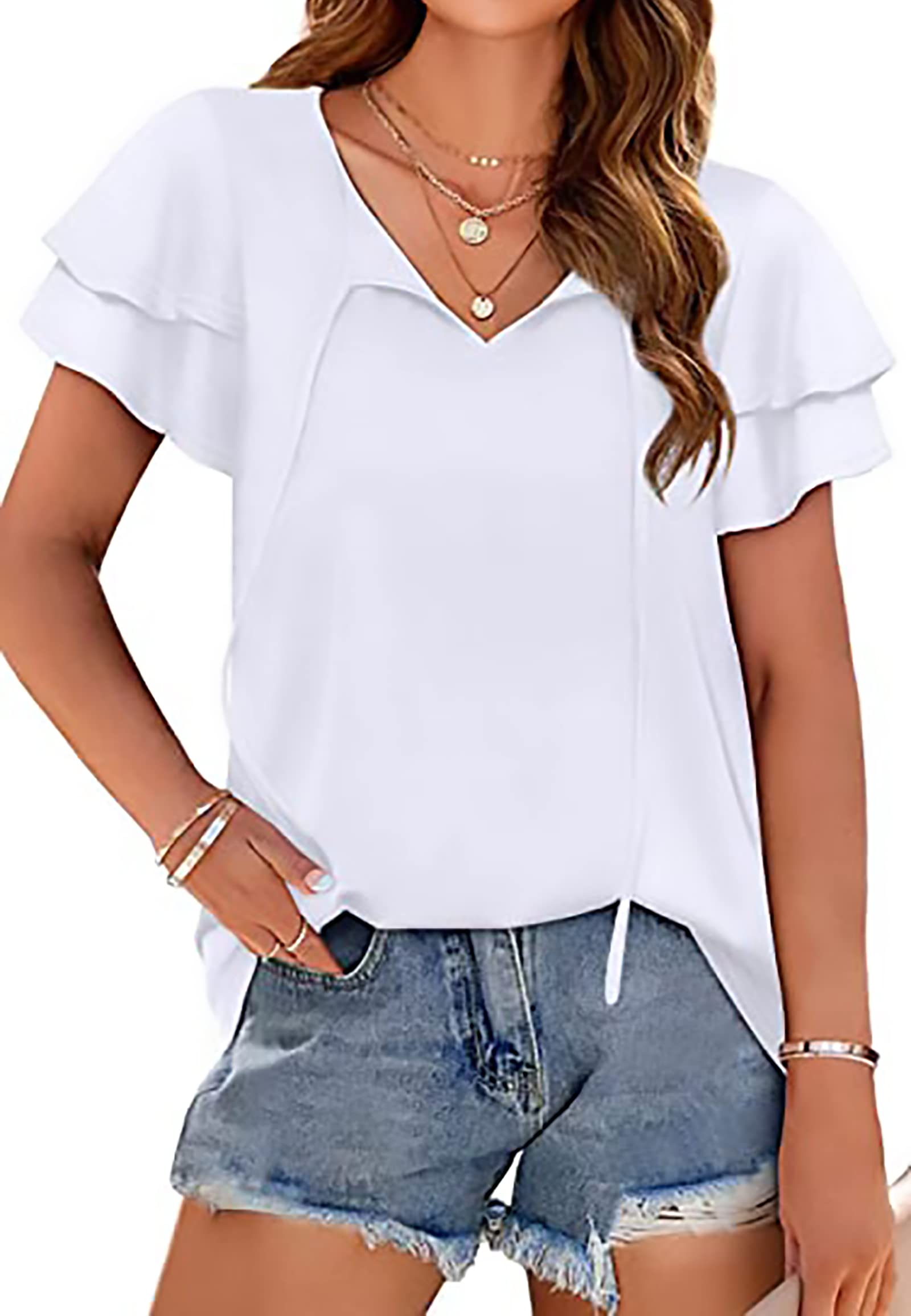 LINBLIL Blusa de manga acampanada de 3/4 con volantes y cuello en V para mujer
