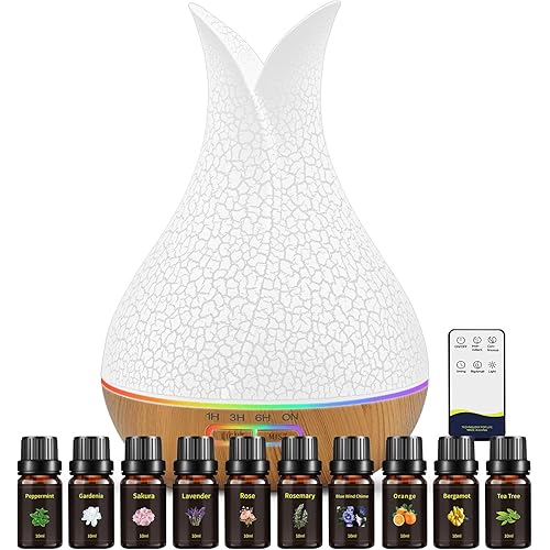 500ML Essential Oil Diffuser with 10 Essential Oils Gift Set, Aromatherapy Diffuser Humidifier with 2 Mist Mode 4 Timers＆ 7 Ambient Light Waterless Auto Off for Large Room Home Office