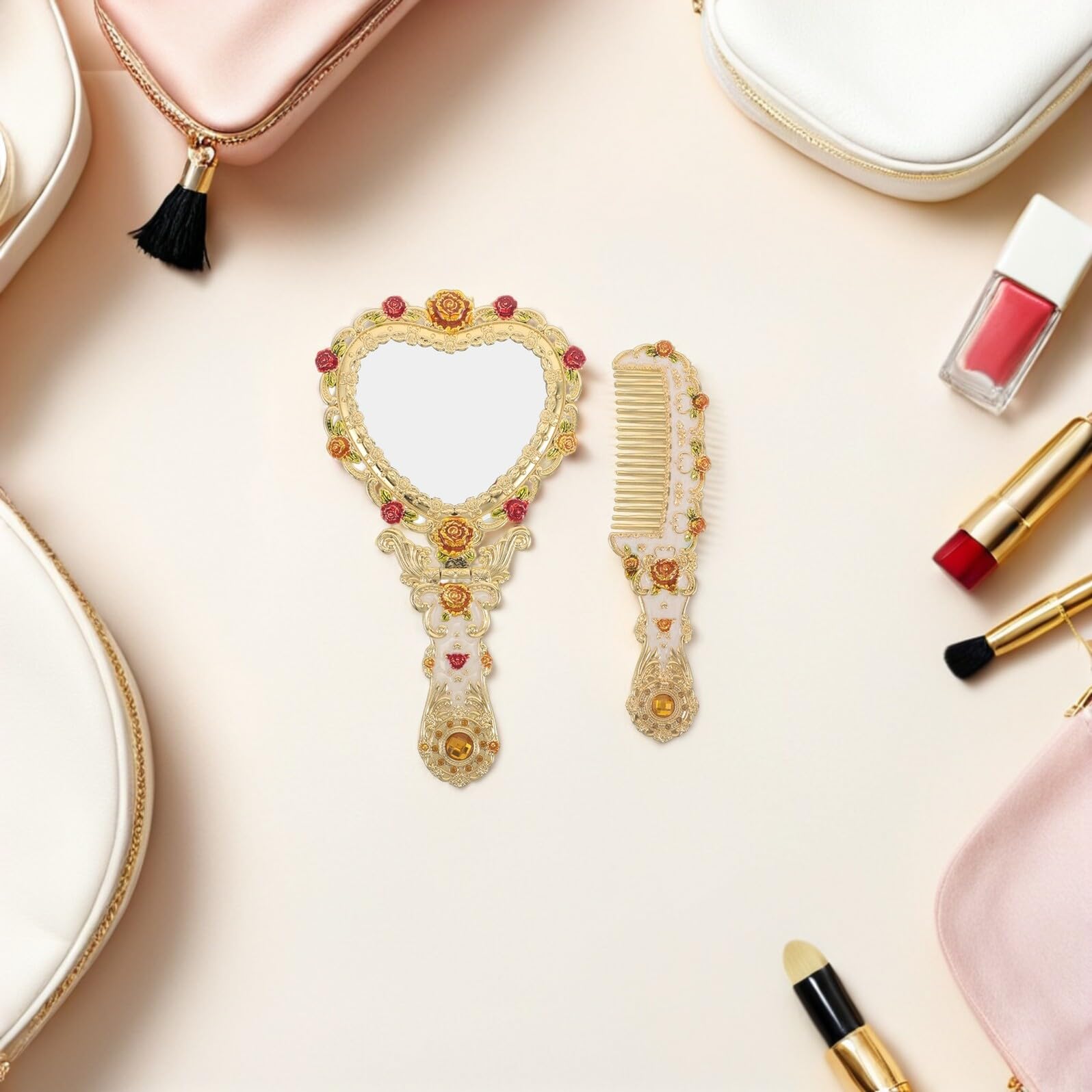 Hohopeti 1 Set Espejo de Mano Vintage con Peine, Espejo Plegable Portátil con Mango Cómodo para Maquillaje y Peinado en Viaje y Uso Diario