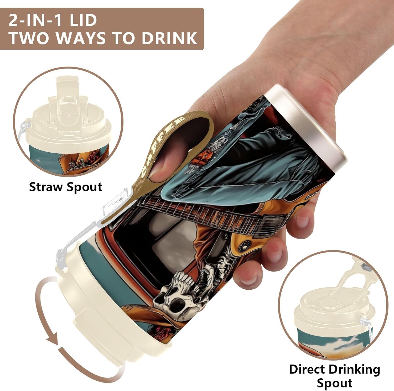 Skeleton Guitar Truck Insulated Coffee Mug with Straw & Flip Lid, 16.9oz Iced Tumbler Cup, Double Wall Vacuum Leak-Proof Mug for Travel Office