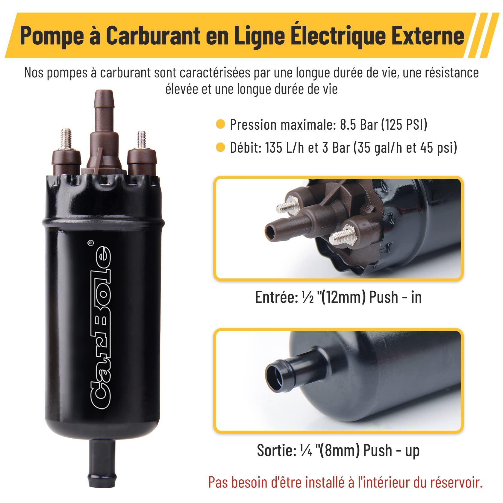 CarBole Pompe à Carburant Électrique Externe 125 PSI 12V - Haute Pression 250BHP Essence Diesel Rouge