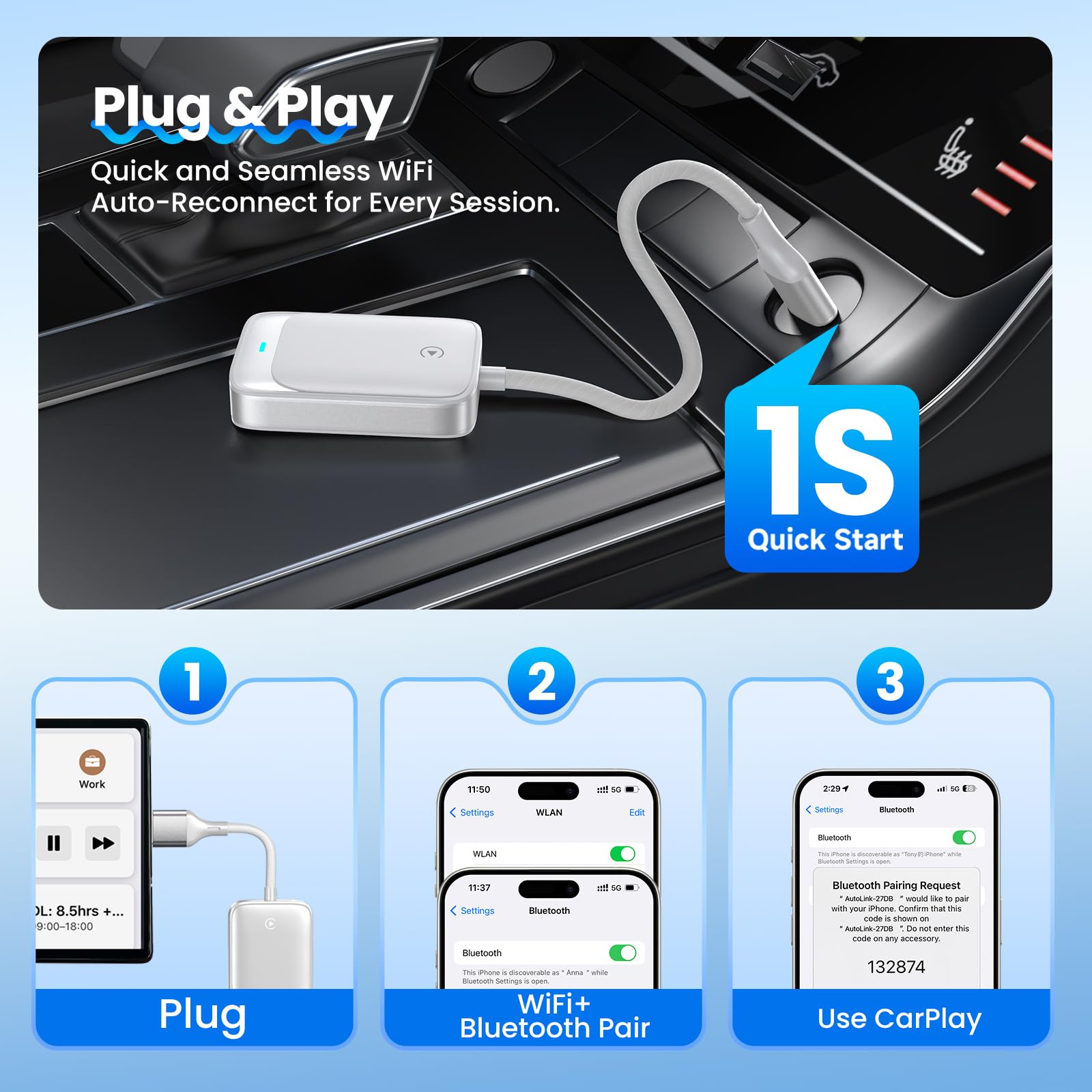 Wireless CarPlay Adapter - Kabellos Für IPhone & Auto Mit USB Anschluss