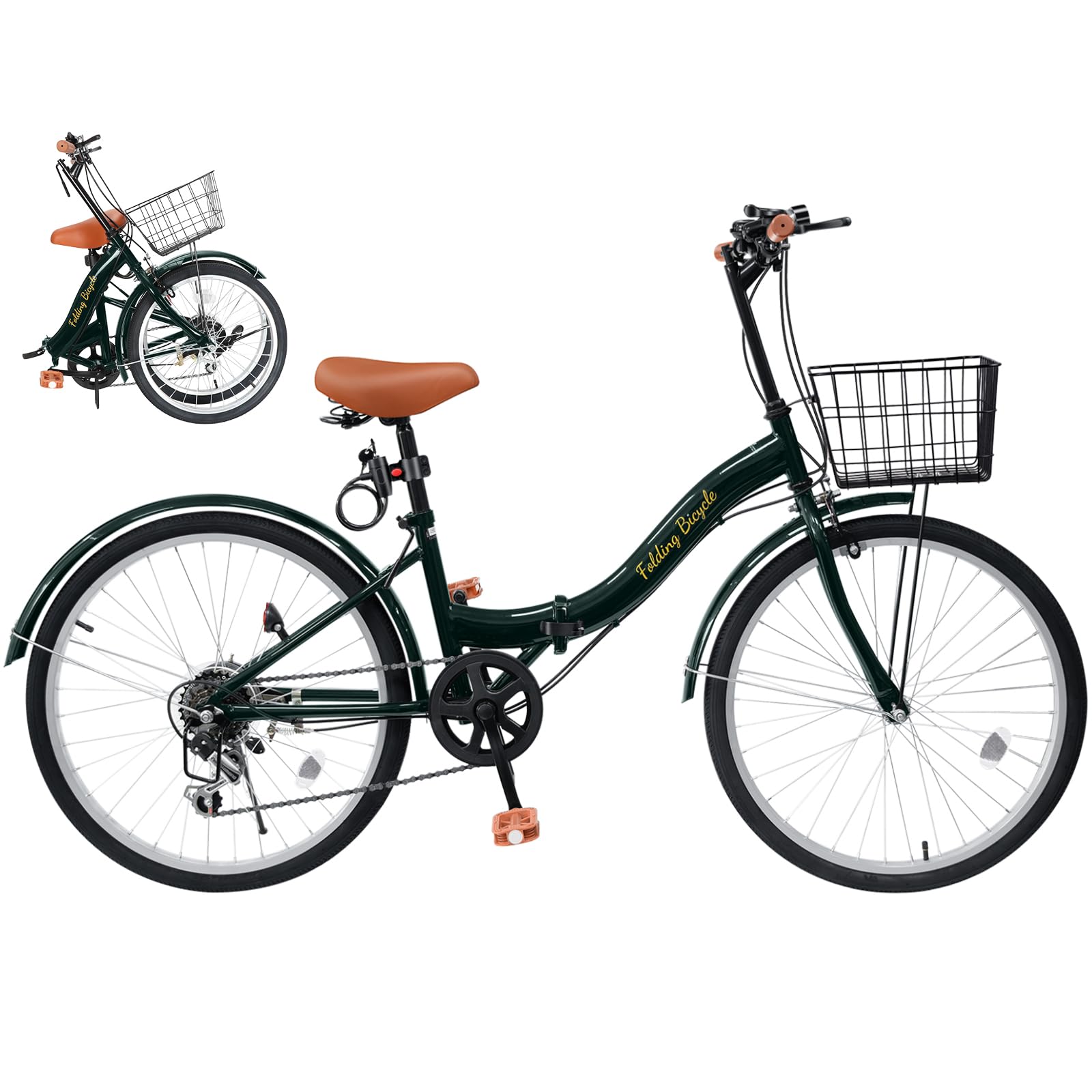 Mixiu 折りたたみ自転車 20インチ/24インチ 軽量 素早く折畳可能 P-O9 シマノ 7段変速 折り畳み自転車 高炭素鋼フレーム 高さ調節可能なハンドルステムとサドル 折畳み自転車 空気入れ、ライト、カゴ、ワイヤロック付属 男女兼用 通勤 通学 サイクリング (ダークグリーン, 24)