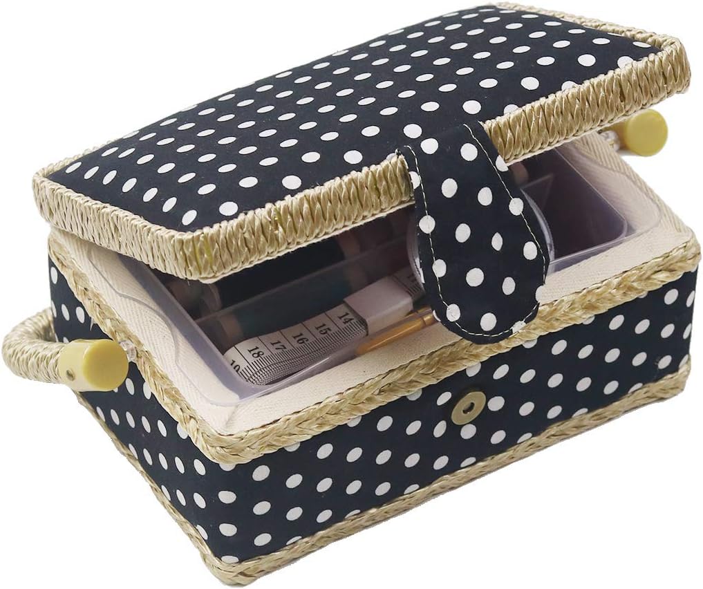 (Black Polka Dot) Sewing Basket Kit Sewing Box with Mini Sewing