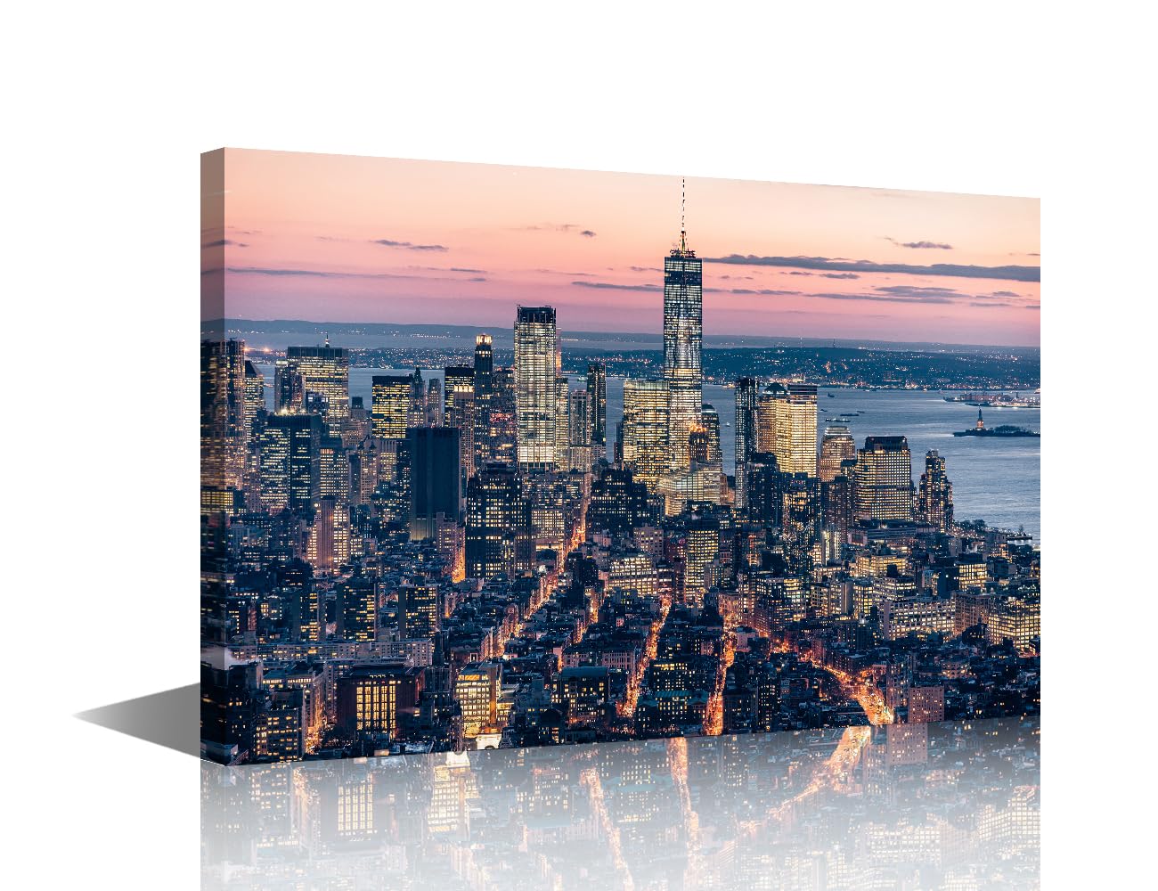 Skyscrapers Wall Art New York City Canvas Art Wall Decor Manhattan Downtown Night Walls Pictures for Living Room Artwork Skyscrapers at Dusk Poster Giclee Crafts Framed Ready to Hang(18"Wx12"H)