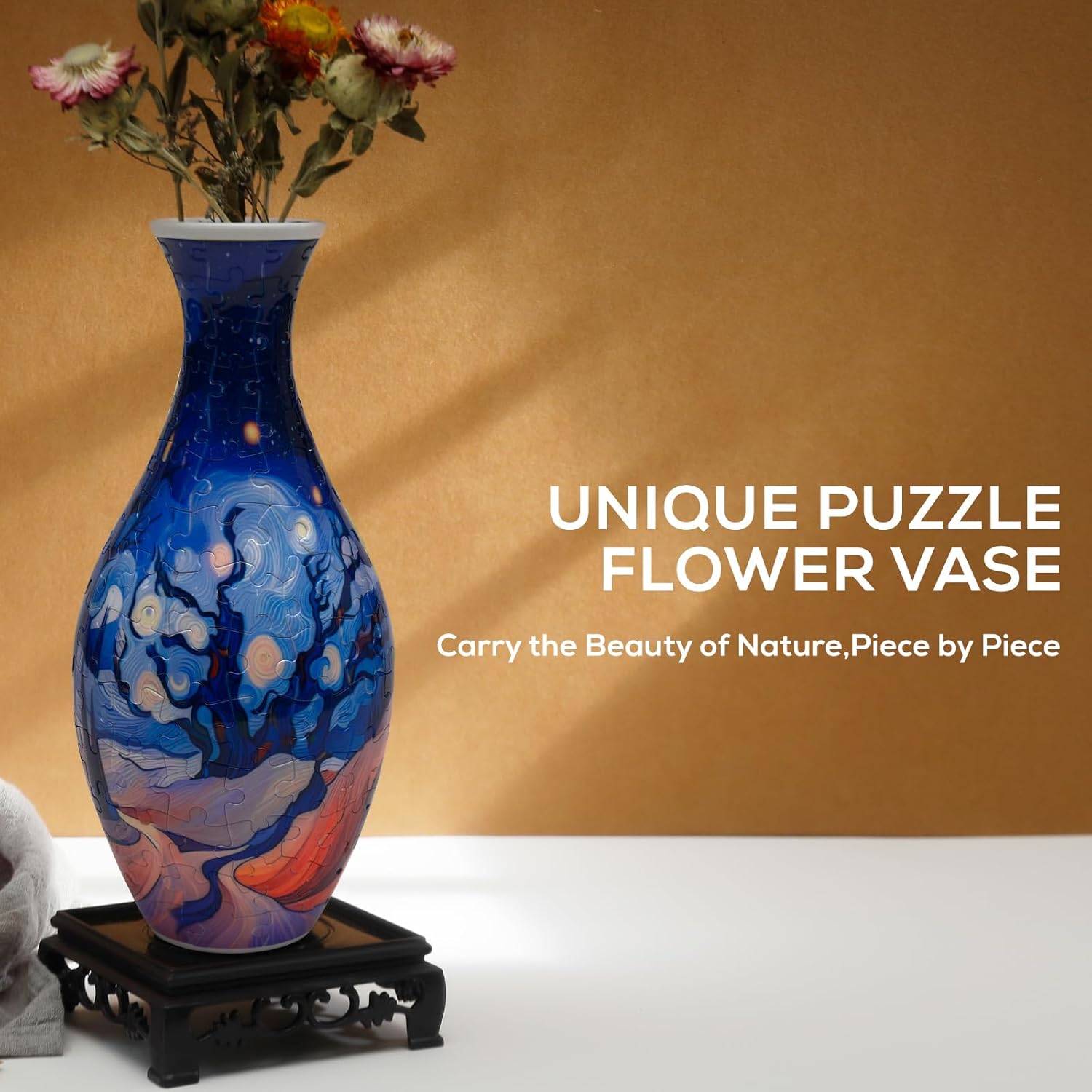 3D Puzzle Vase – 160-Piece Interlocking Plastic DIY Flower Vase, Home Decor/Stress Reliever/Floral Arrangement Art, Unique Creative Gift (Starry Sky)
