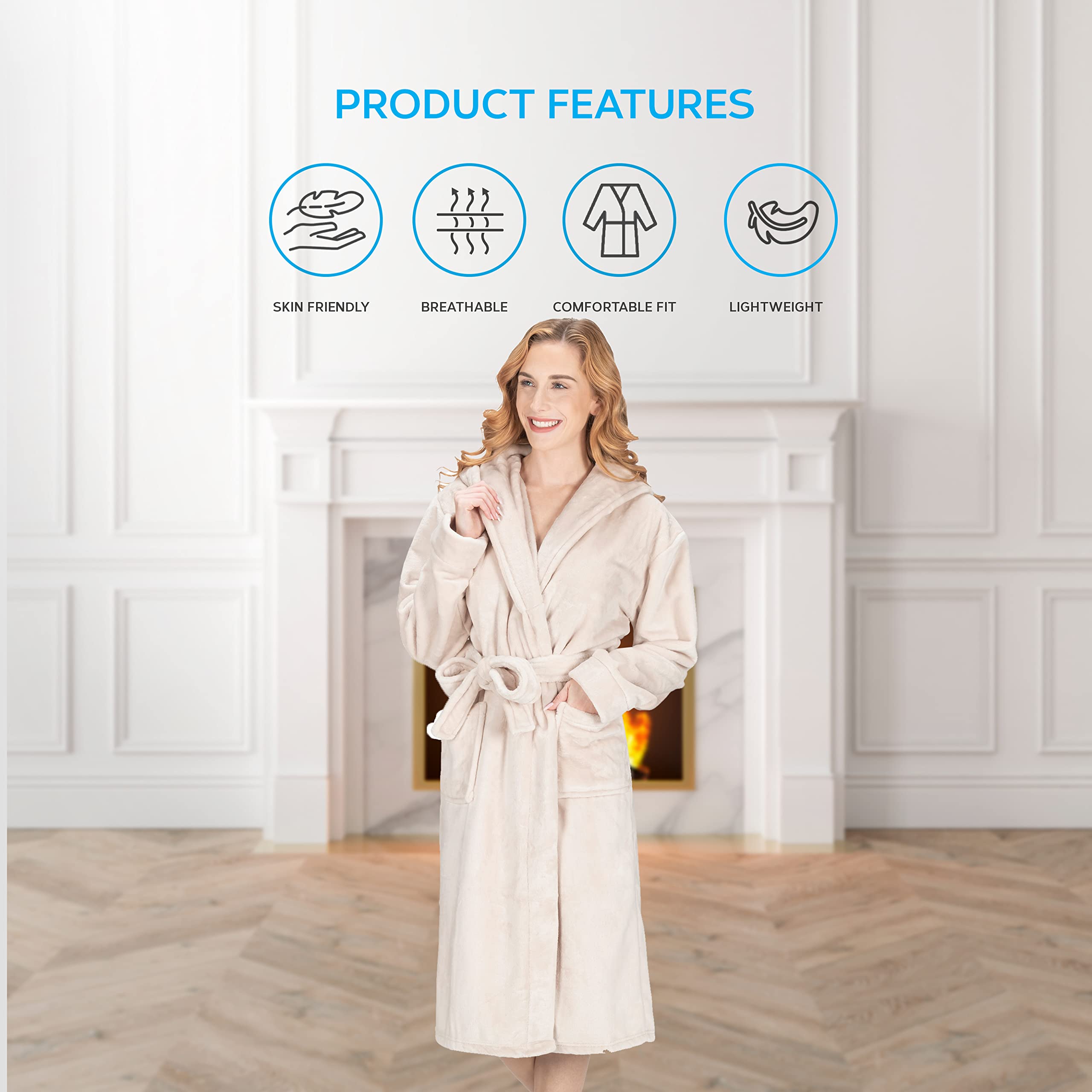 MONHOUSE Womens Dressing Gown - Premium Super Soft & Cosy Long Bathrobe - Ladies Thick Flannel Luxury Housecoat - Warm Fluffy Shearling Spa Robe for Her - Sherpa Bathrobe - Cream UK 20-22